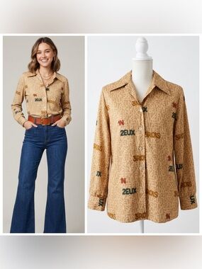 Vintage 70s Lady Devon French Numeral Print Blouse Dagger Collar Mod Retro Sz L